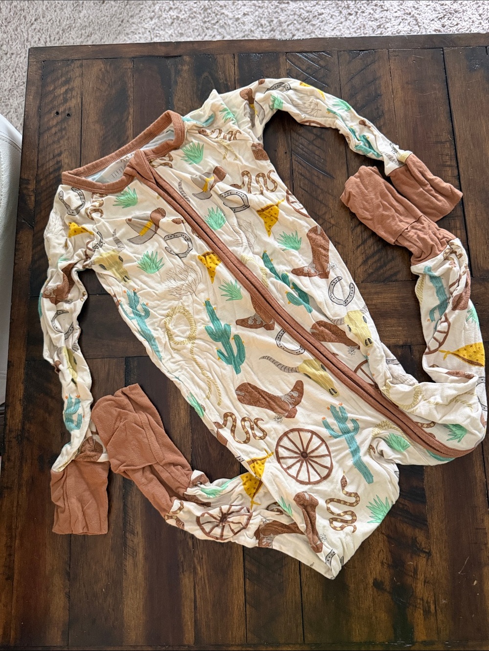 Little Sleepies Cream Western Print Footless Pajama Sleeper with Brown Trim